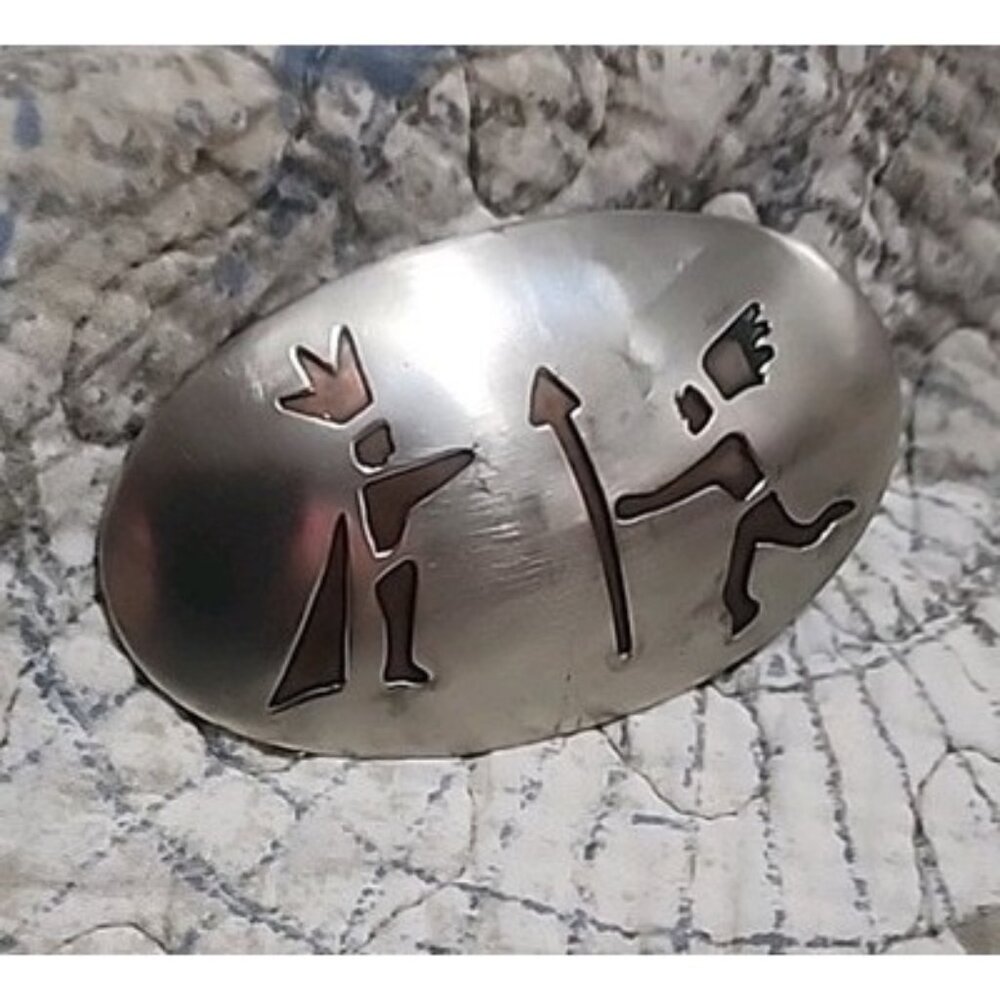 Unusual Vintage Made In Mexico Silver Metal Over Copper Belt Buckle Western Wear